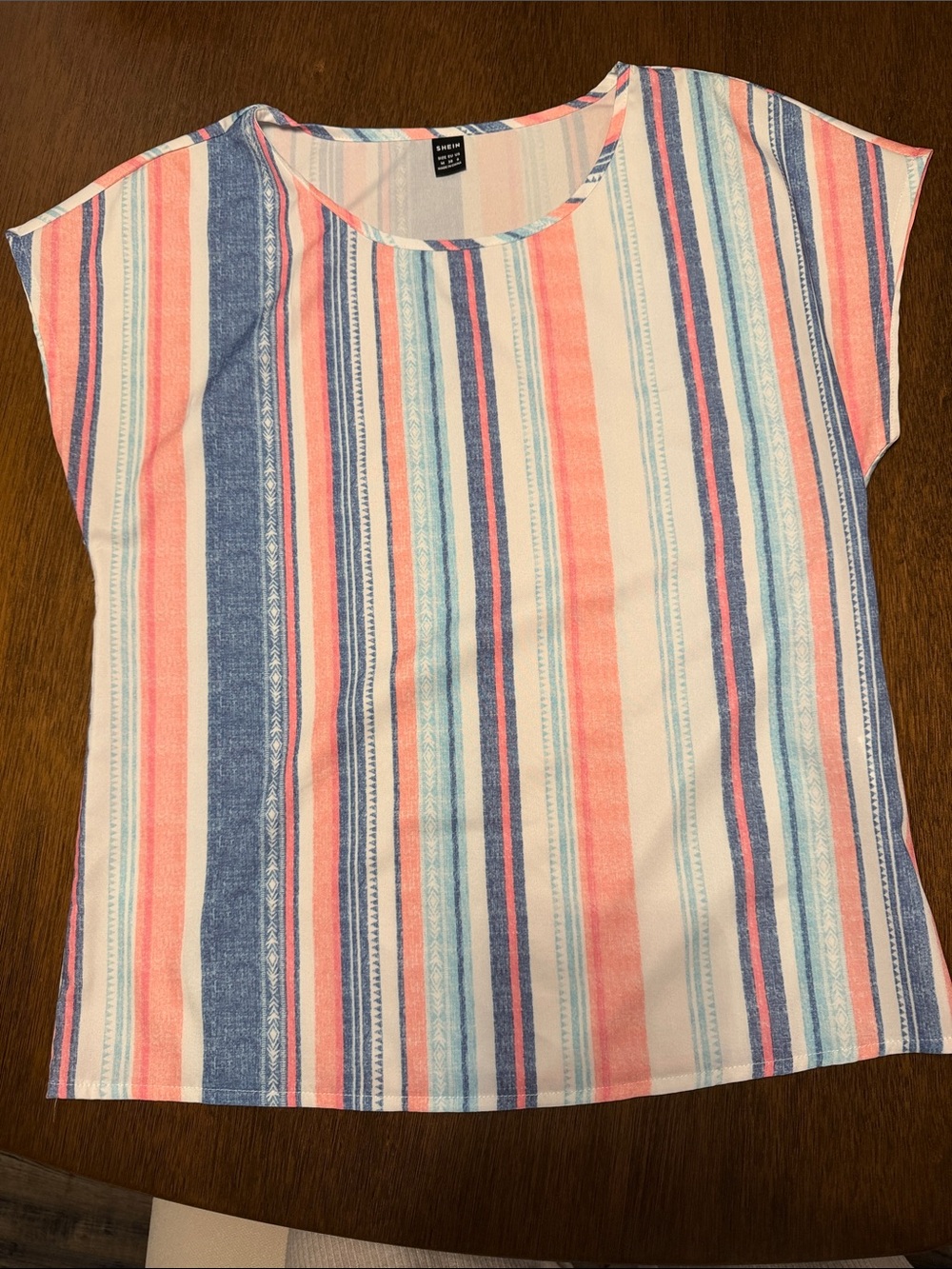SHEIN Coral, Blue & White Striped Short Sleeve Top